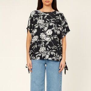 NWT Melloday Floral Tie Side Blouse 1X Black White Dolman Sleeve Boho Chic Gift